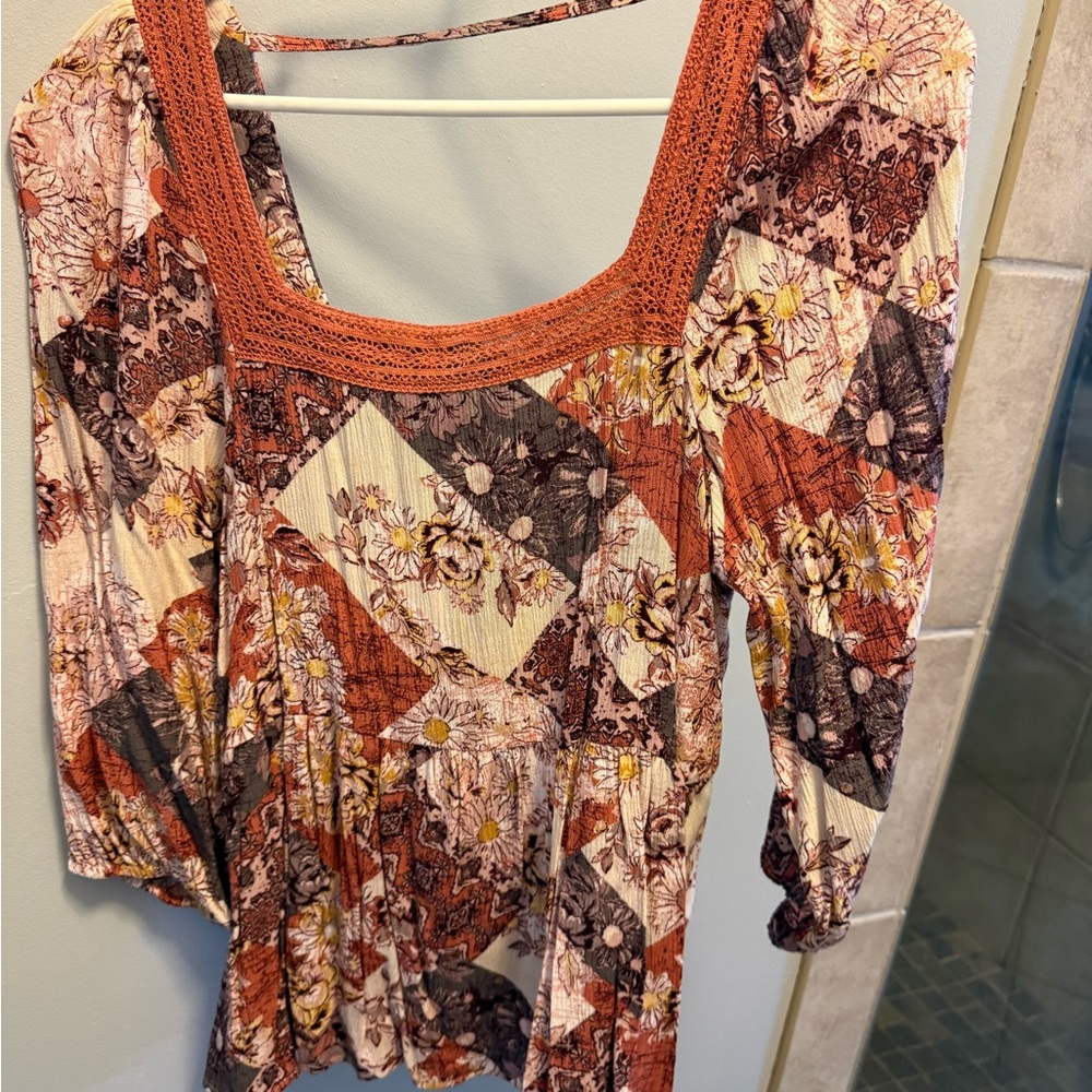 Women’s Rust Floral Patchwork Peasant Top
